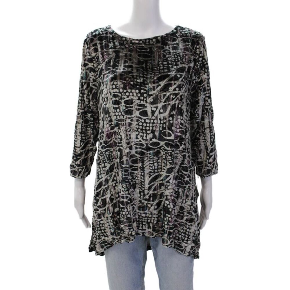 Kozan Womens Abstract Printed Velvet 3/4 Sleeve Tunic Blouse Dark Gray Size L